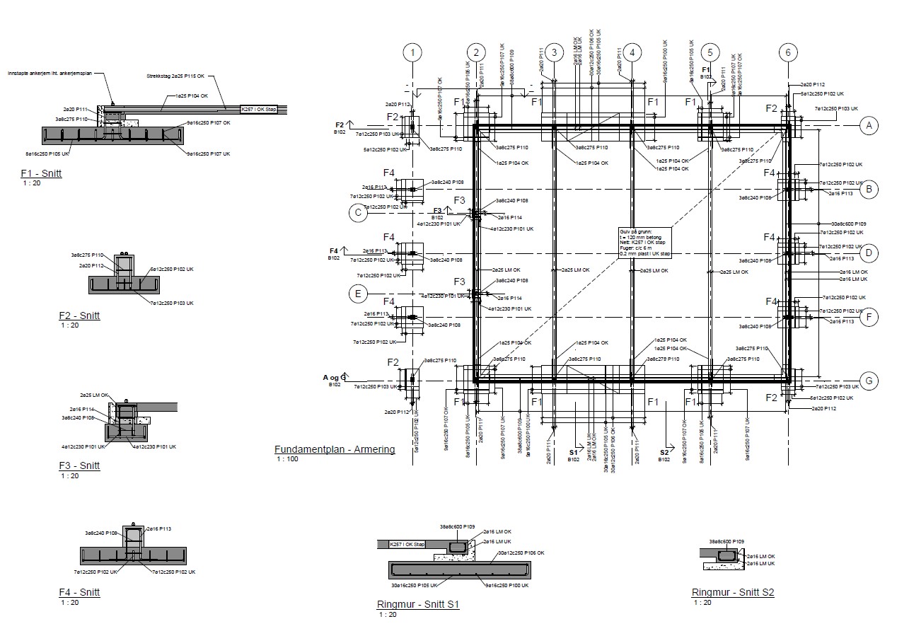Eksempel: Utsnitt av armeringstegning. Illustrerer nivå på detaljering i utførelsesgrunnlag.